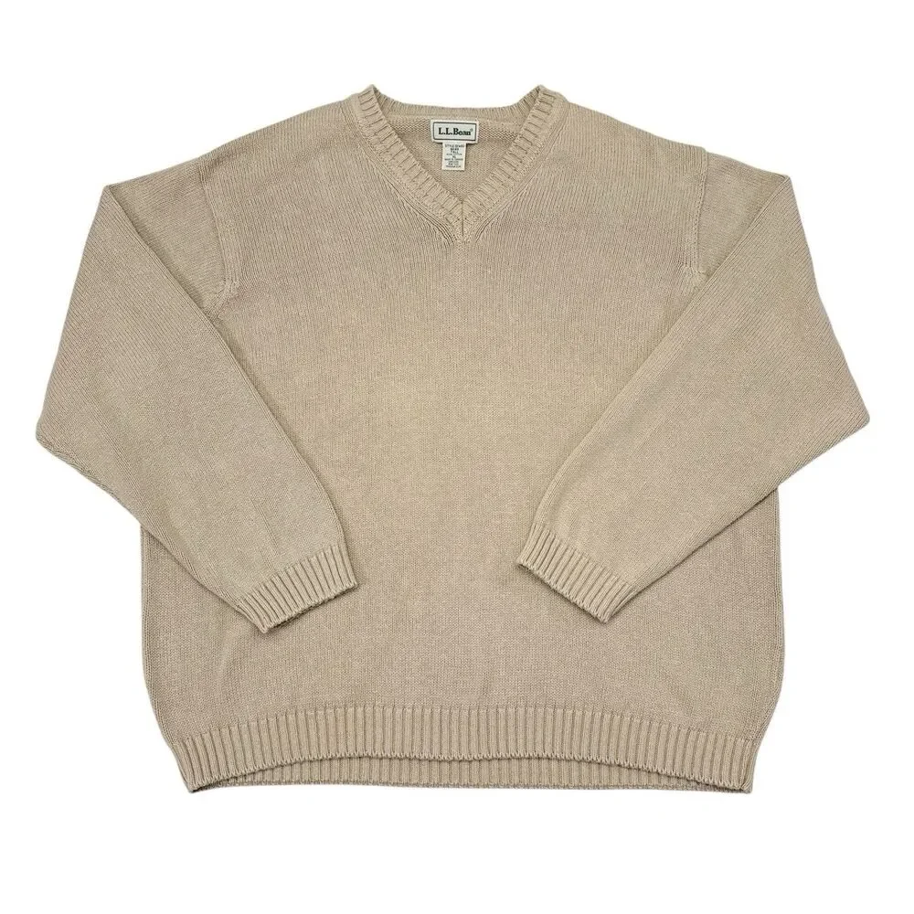 Vintage LL Bean Sweater Mens Size XL Tall Tan V Neck Pullover Knit Casual‎